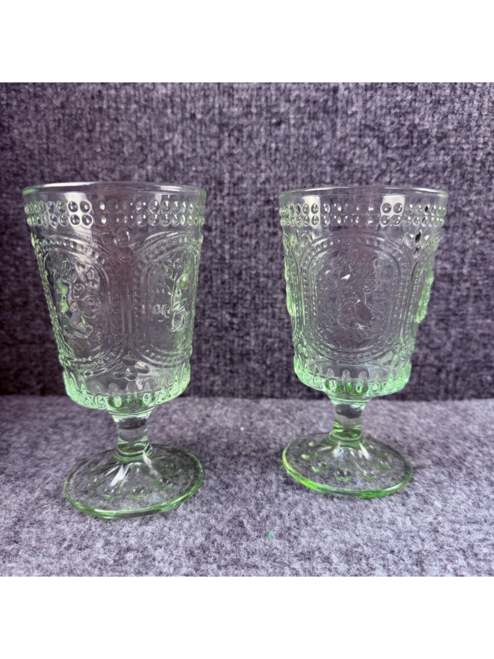 Set of 2 Vintage Style Light Green Embossed Easter Bunny Hobnail Water Goblets